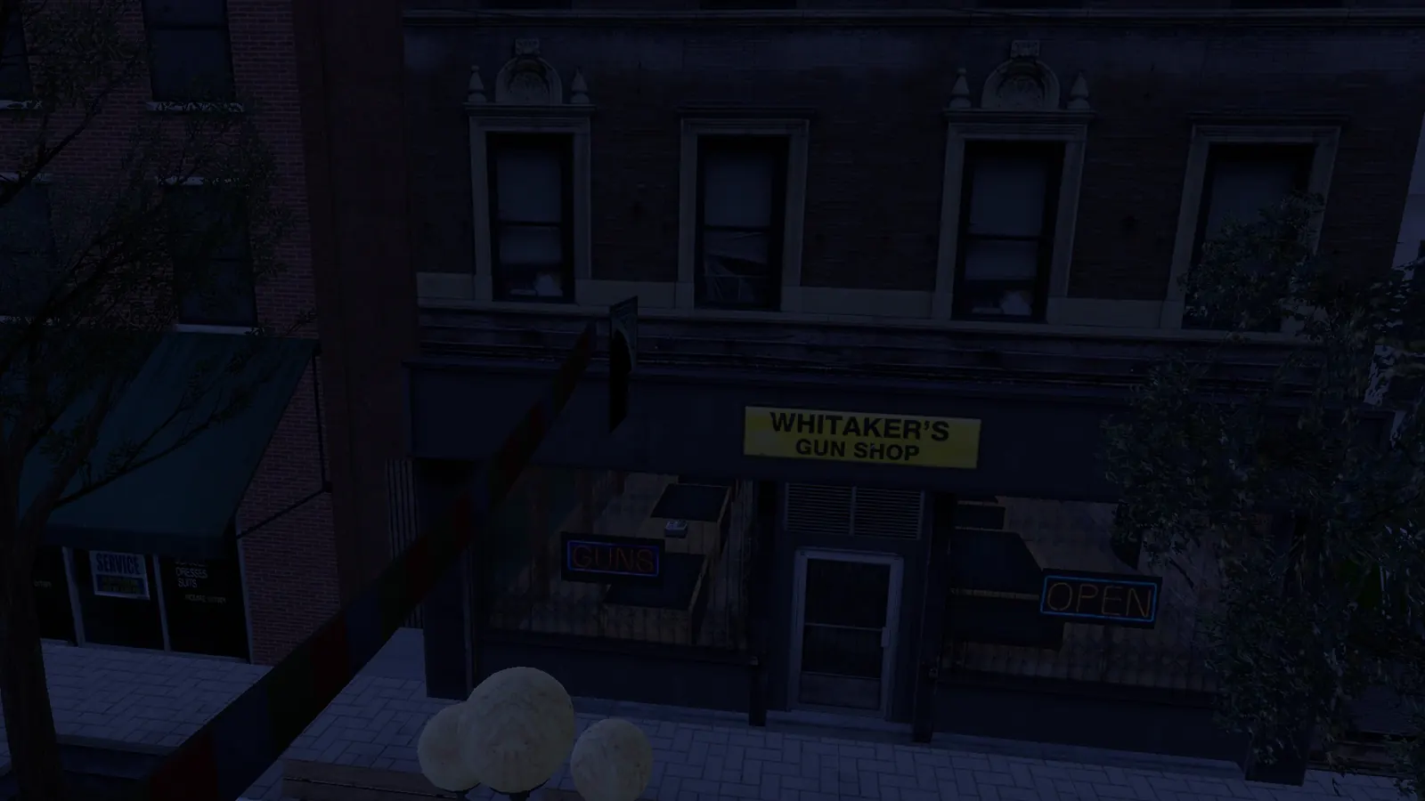 Whitaker's Gun Shop at night