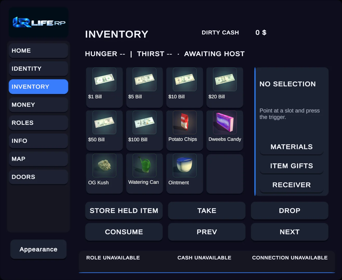 Inventory menu: slots with bills, chips, candy, a plant, a watering can and ointment