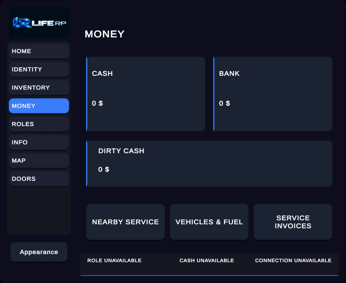 Money menu: cash, bank and dirty cash
