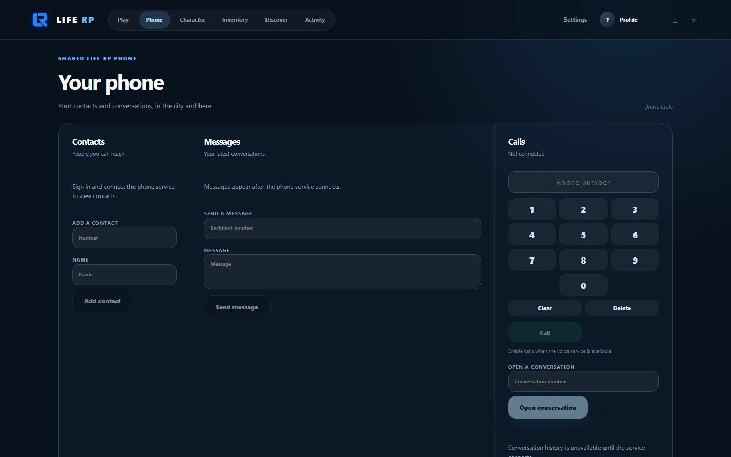 Phone page of the Life RP launcher: contacts, messages and dial pad